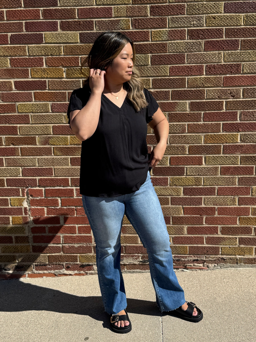 Folded V-Neck Ruffled Sleeve Top