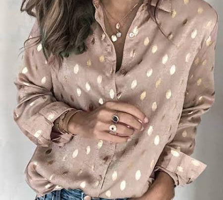 Long Sleeve Metallic Dot Button Down Top
