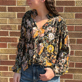 V Neck Black Floral Print Top