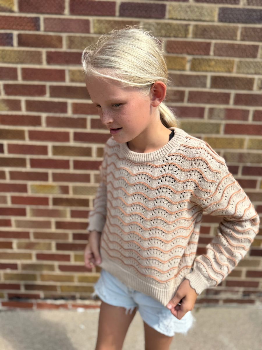 Girls Crewneck Wavy Pointelle Sweater