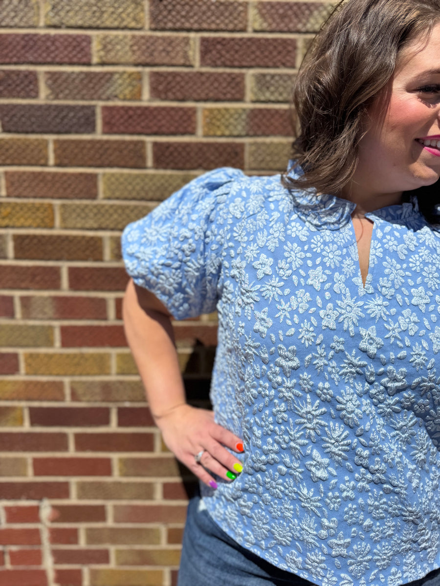 Floral Textured Balloon Sleeve Top