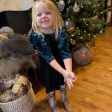 Teal Velvet Ruffle Dress