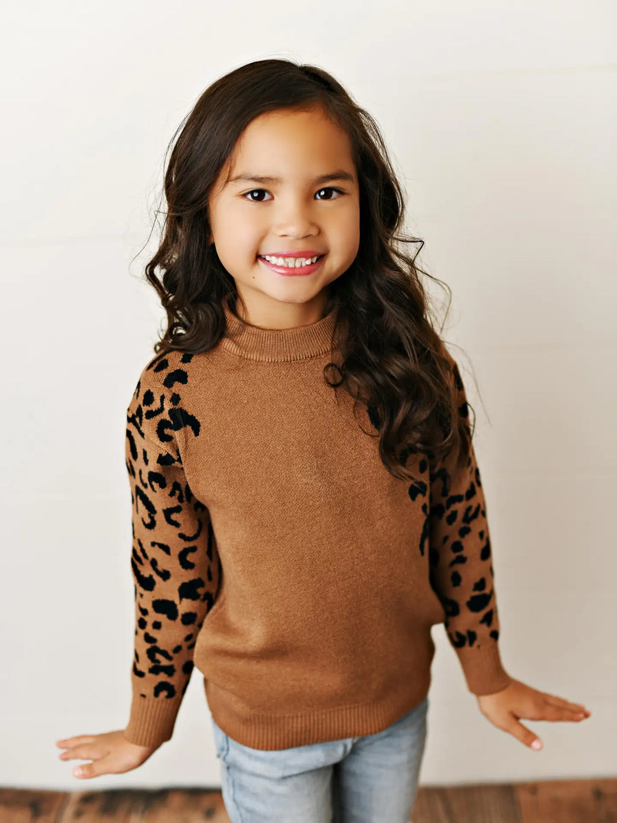 Girls Brown Leopard Sleeve Sweater