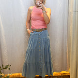 Denim Button Front Ruffle Hem Maxi Skirt