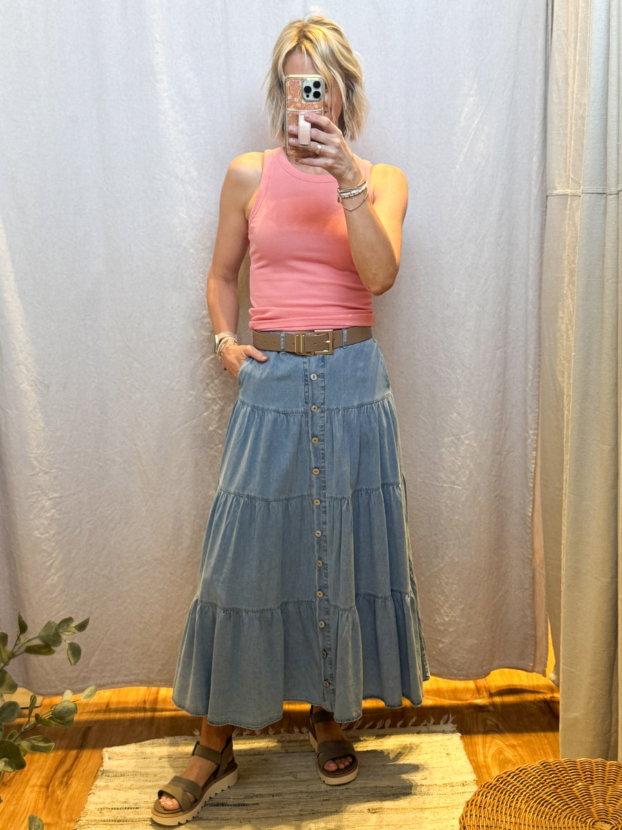 Denim Button Front Ruffle Hem Maxi Skirt