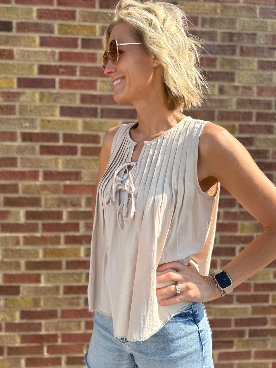 Pleat Tie Front Sleeveless Top