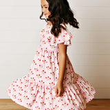 Girls Pink Strawberry Flutter Sleeve Dress