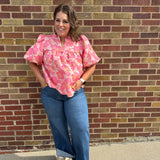 Plus Floral Satin Babydoll Top w/Bubble Sleeve