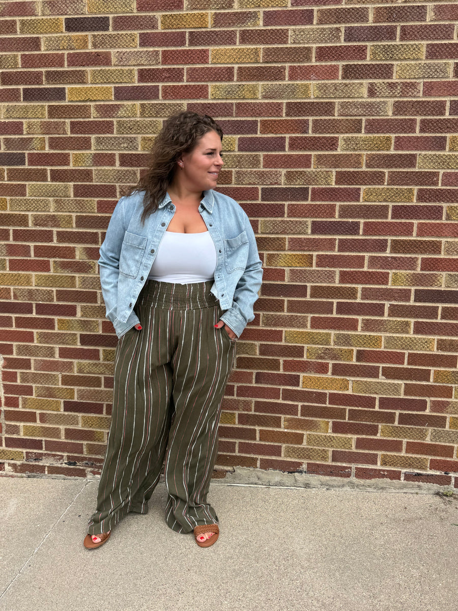 Plus Woven Stripe Elastic Smocking Pants
