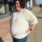 Plus Mixed Fabric Raglan Top w/Floral Detail