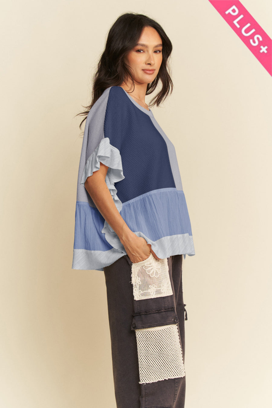 Plus Sweater Mixed Patchwork Textured Ruffle Top