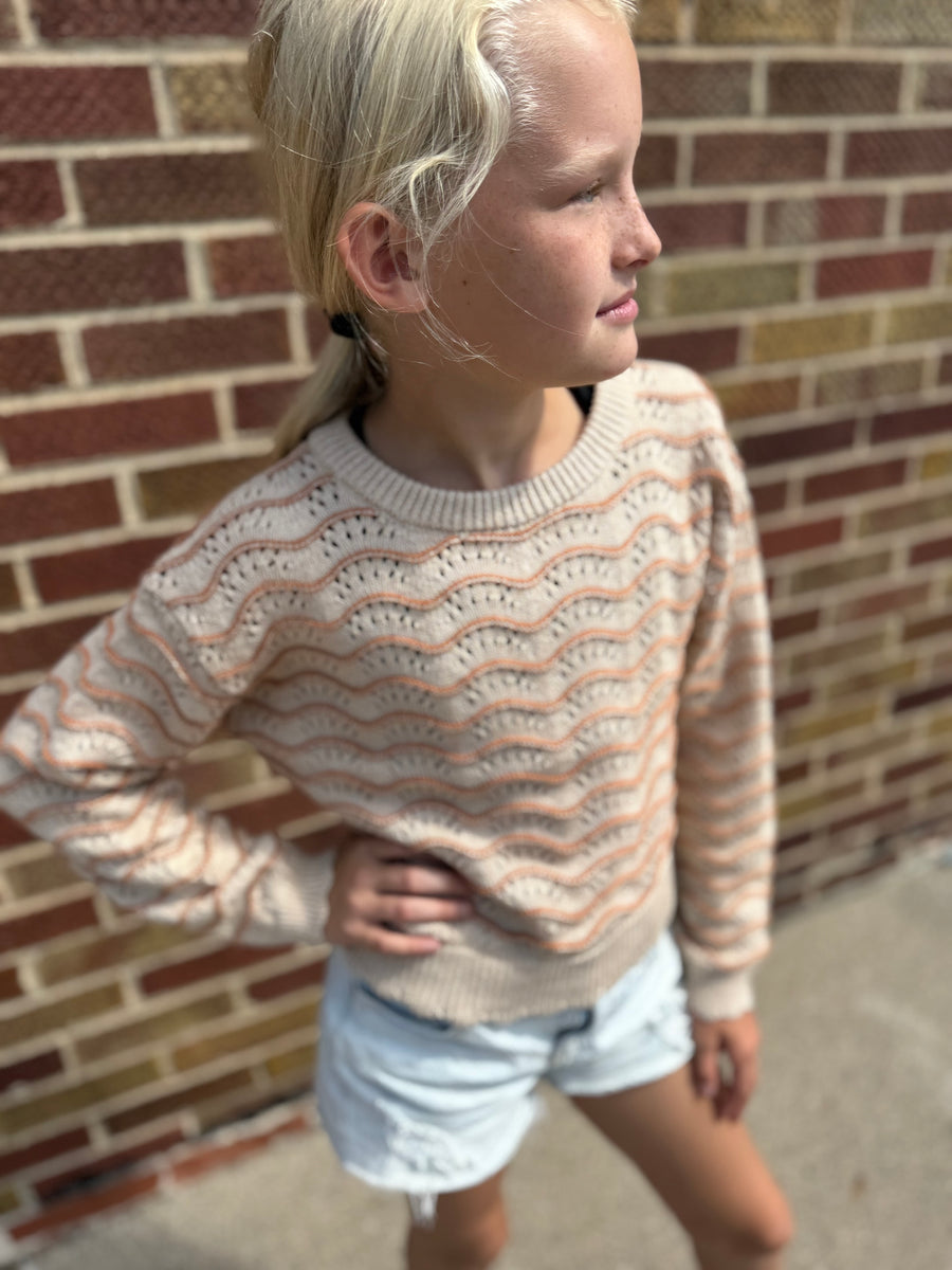 Girls Crewneck Wavy Pointelle Sweater