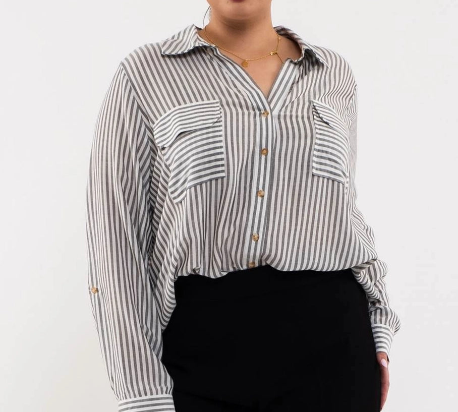 Plus Striped Collared Button Down Top