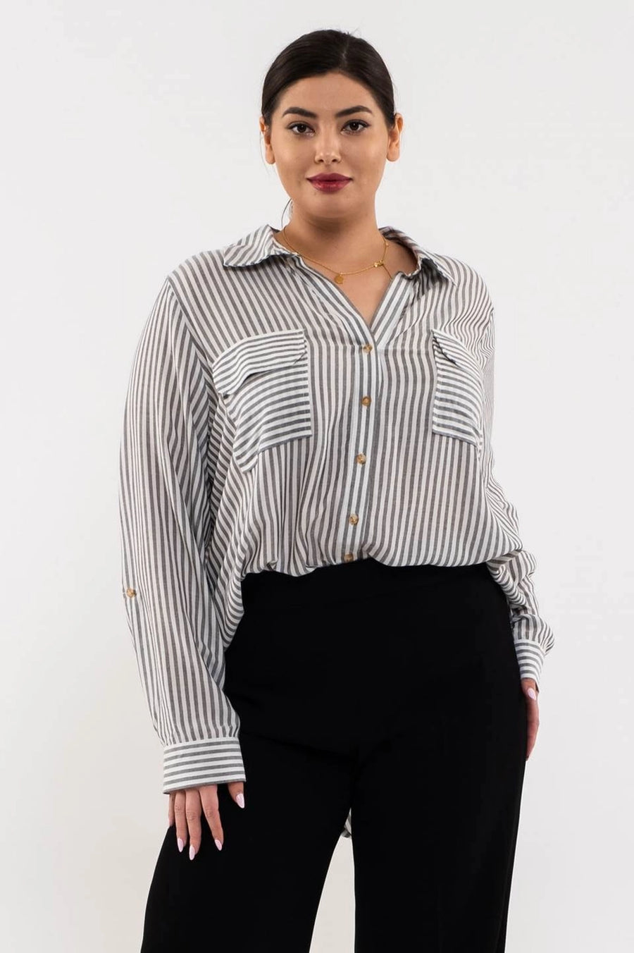 Plus Striped Collared Button Down Top