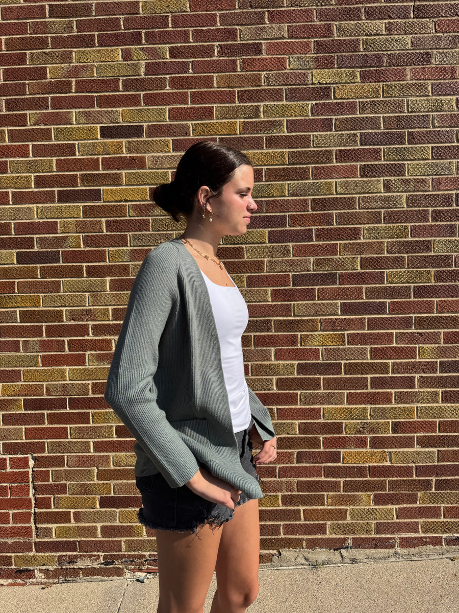 Ribbed Raglan Sleeve Cardigan w/ Pocket