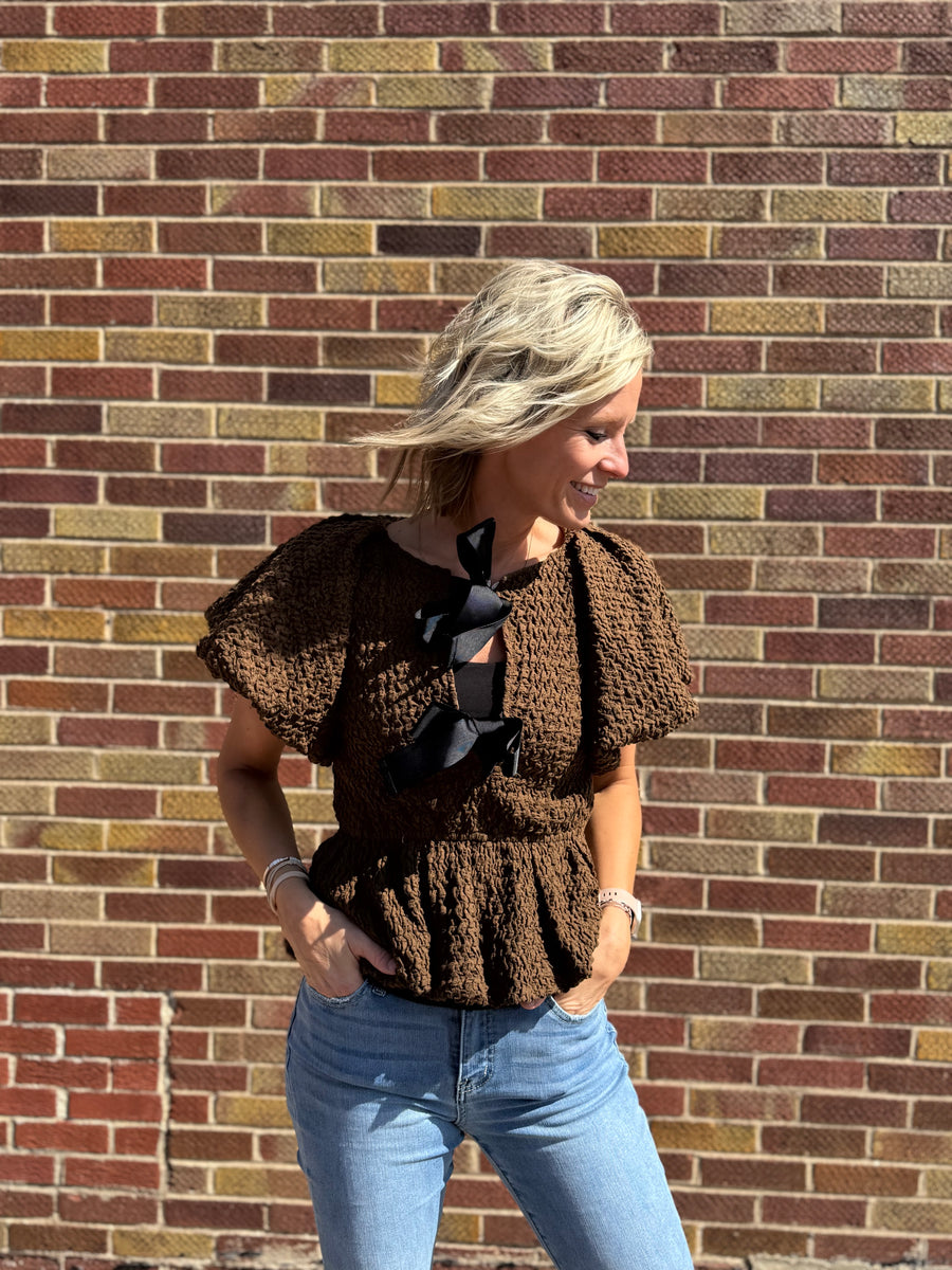 Textured Peplum Top w/Front Tie
