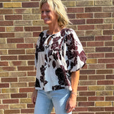 Brown/Cream Floral Print Top w/Front Tie