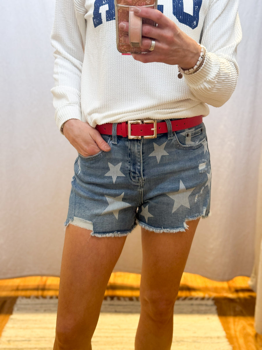 High Rise Star Distressed Mica Shorts