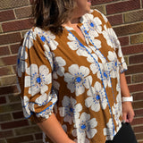 Plus Camel Floral Print 3/4 Sleeve Top