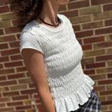 Cap Sleeve Ruffled Hem Top w/Ruched Detail