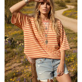 Stripe Short Sleeve V Stitch Top