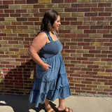 Plus Washed Denim Smocking Tiered Midi Dress