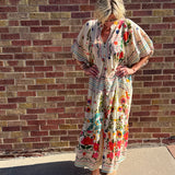 Boho V Neck Floral Balloon Sleeve Dress