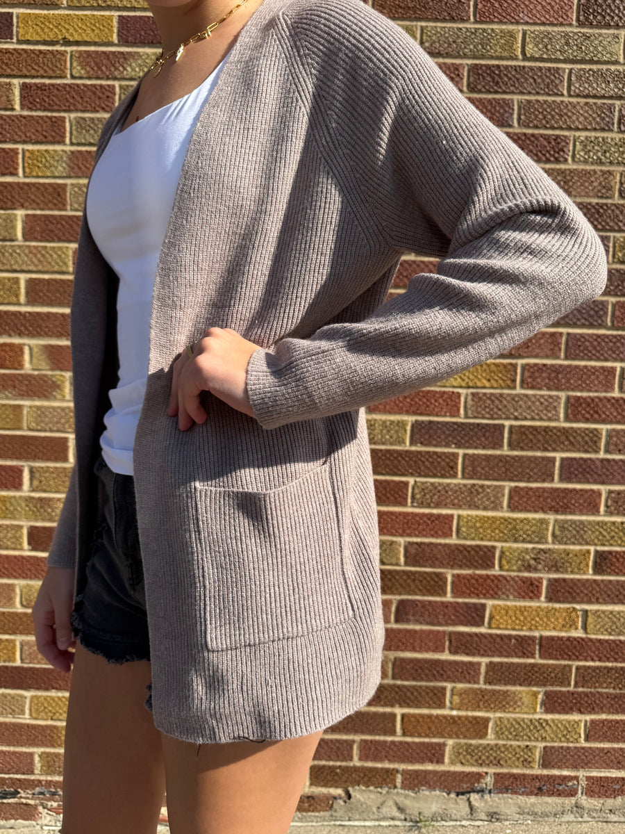 Ribbed Raglan Sleeve Cardigan w/ Pocket
