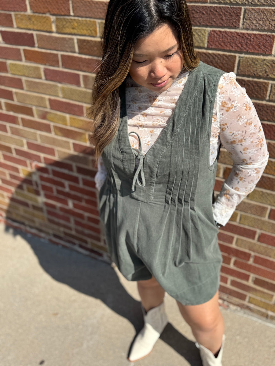 Olive Corduroy Pleated Romper