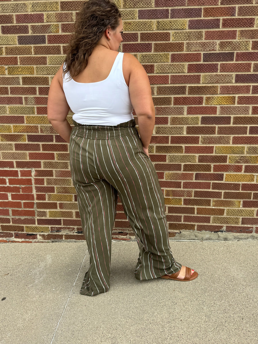 Plus Woven Stripe Elastic Smocking Pants