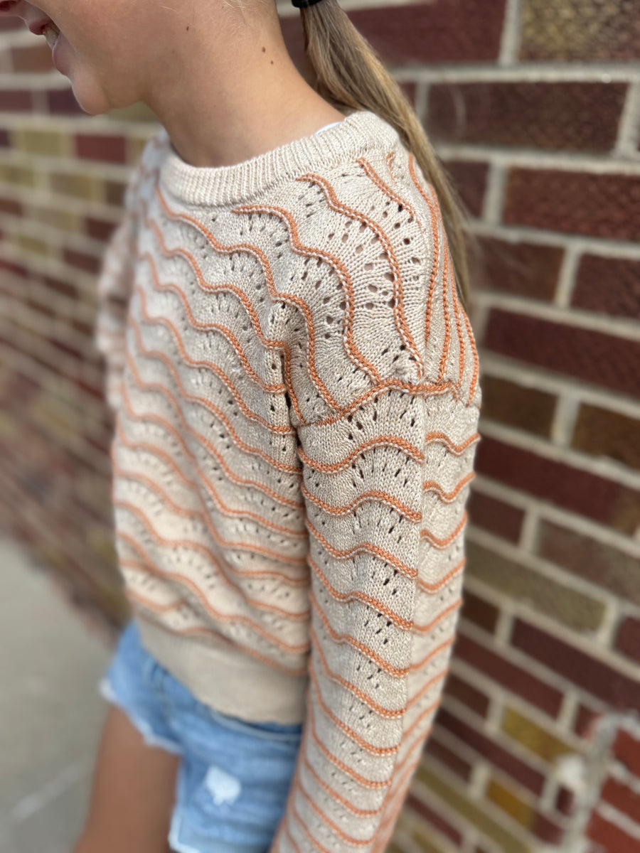 Girls Crewneck Wavy Pointelle Sweater