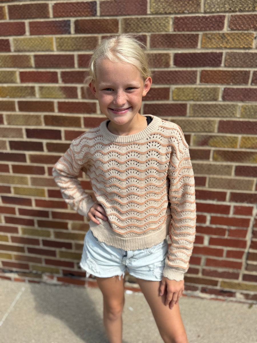 Girls Crewneck Wavy Pointelle Sweater