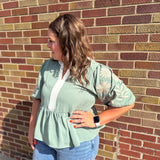 Plus Solid Peplum Top w/Puff Embrodiered Sleeve