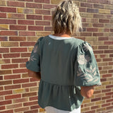 Solid Peplum Top w/Puff Embroidered Sleeve