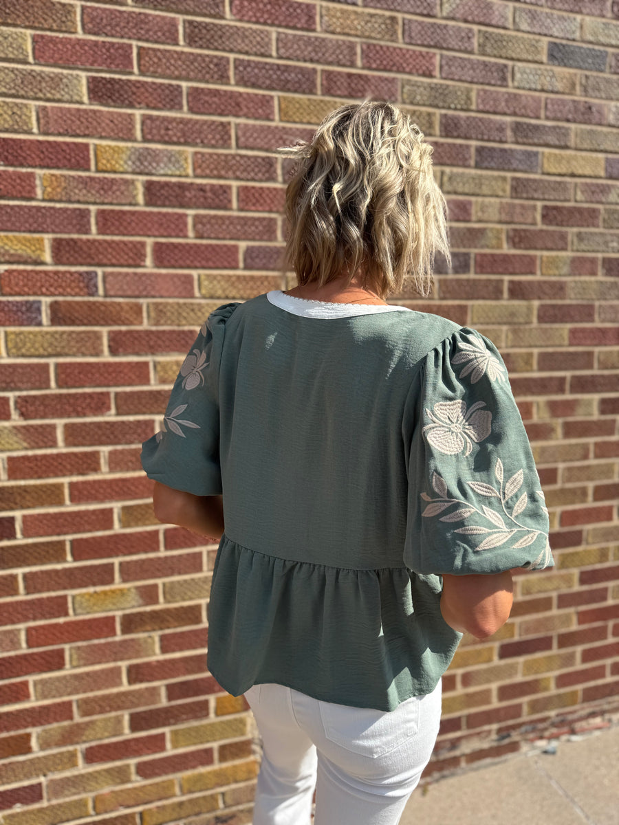 Solid Peplum Top w/Puff Embroidered Sleeve