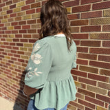 Plus Solid Peplum Top w/Puff Embrodiered Sleeve