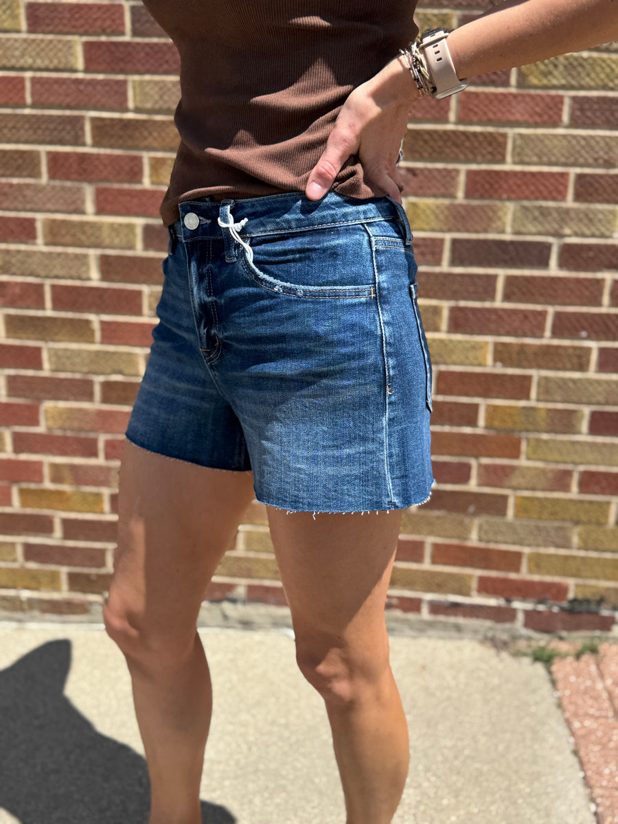 High Rise Clean Cut Raw Hem Vervet Denim Shorts