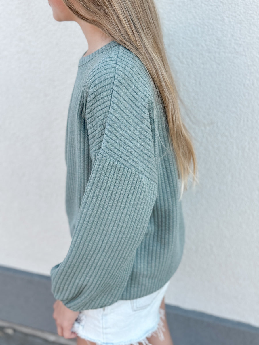 Girls Brushed Ribbed Puff Sleeve Knit Top