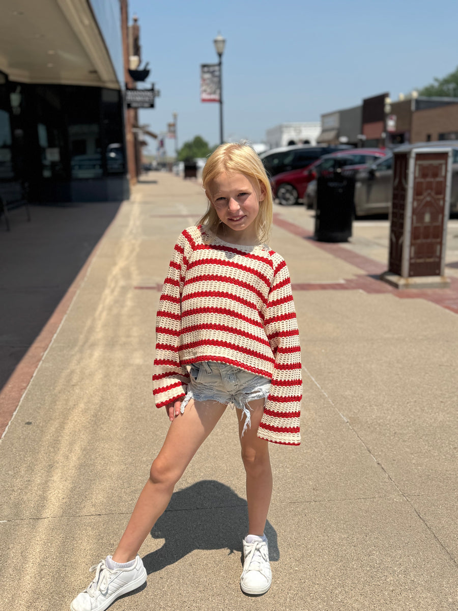 Girls Cropped Crocheted Knit Striped Top