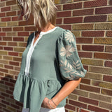 Solid Peplum Top w/Puff Embroidered Sleeve