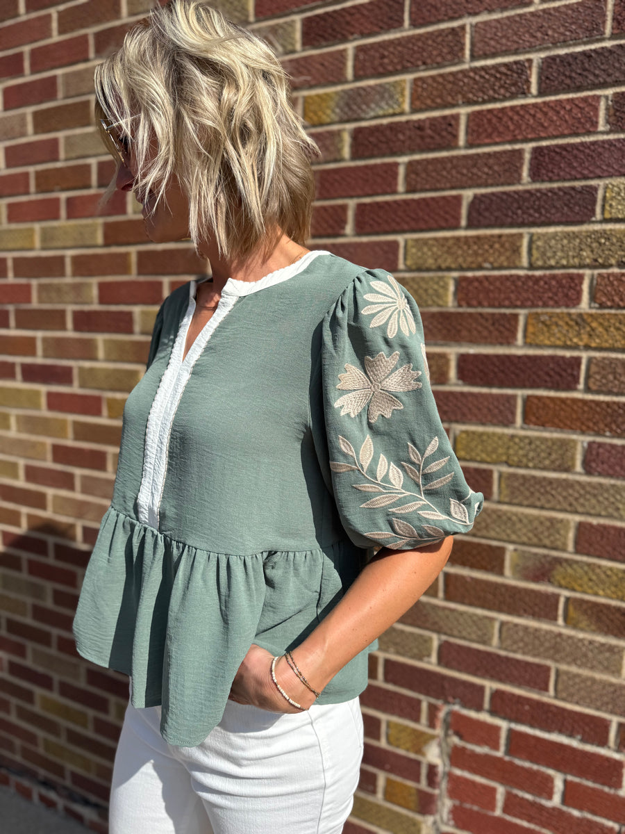 Solid Peplum Top w/Puff Embroidered Sleeve