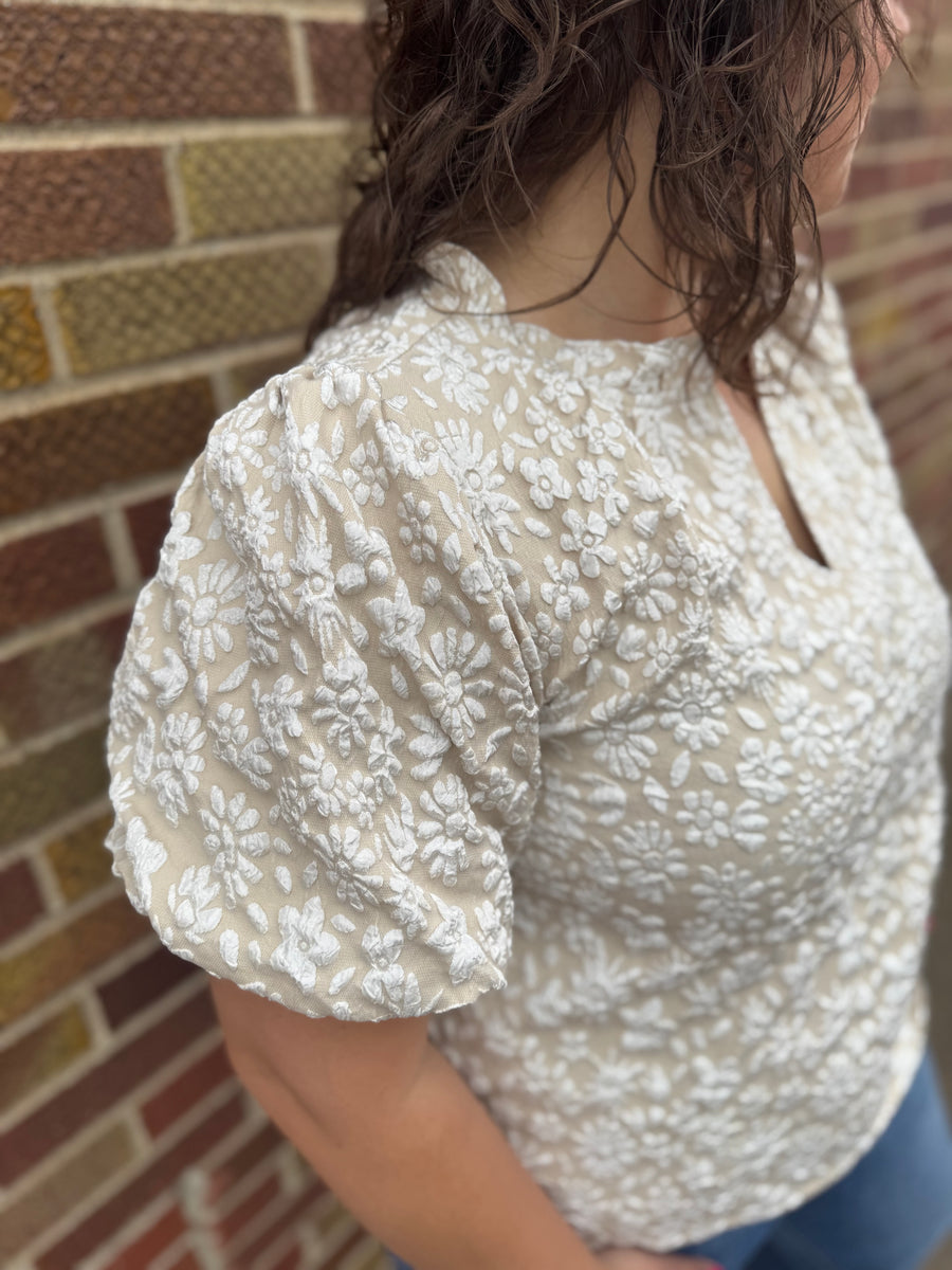 Floral Textured Balloon Sleeve Top