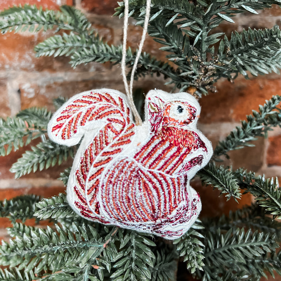 Cotton Embroidered Squirrel Ornament 3.5”