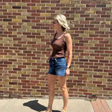 High Rise Clean Cut Raw Hem Vervet Denim Shorts