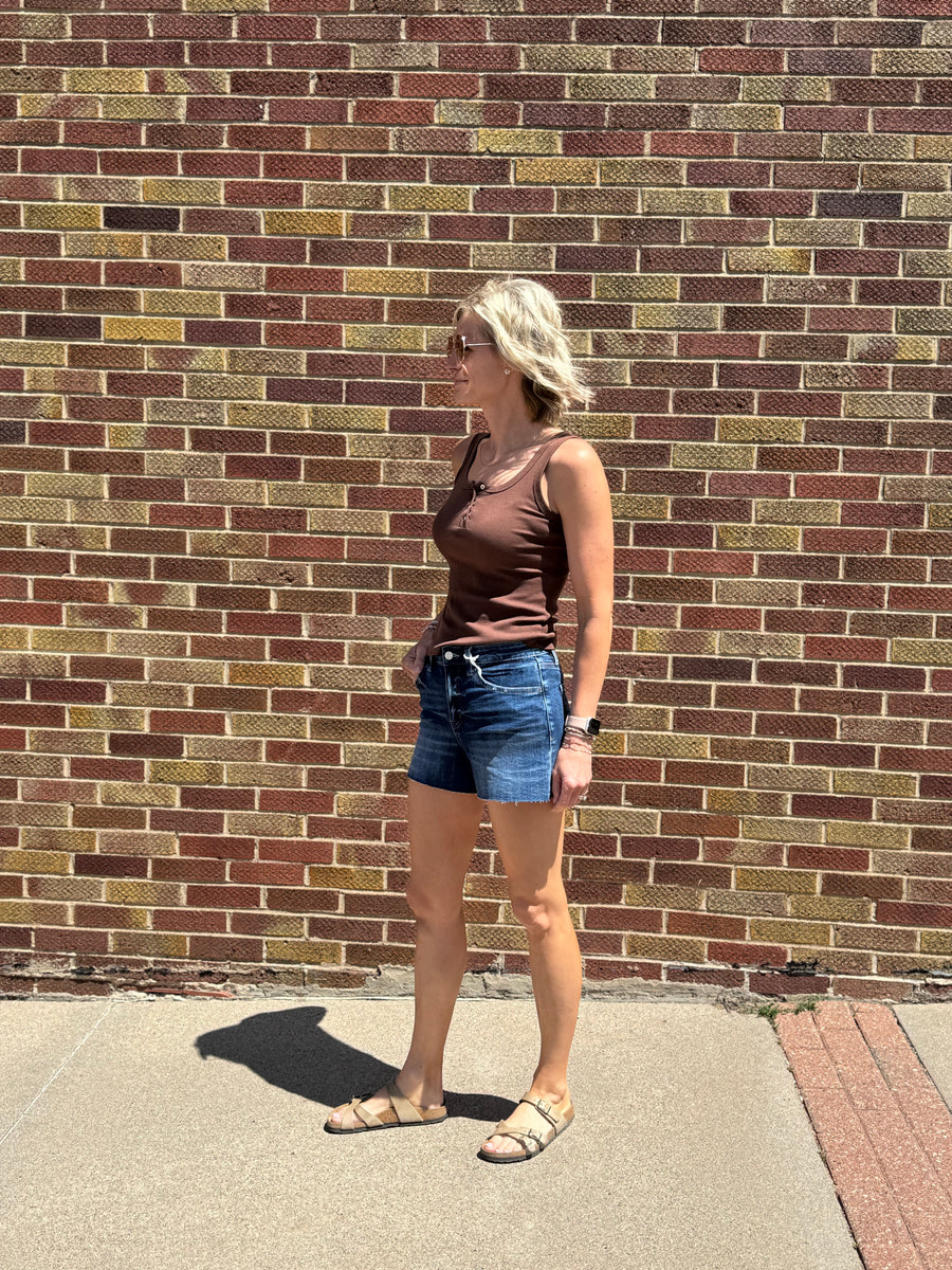 High Rise Clean Cut Raw Hem Vervet Denim Shorts
