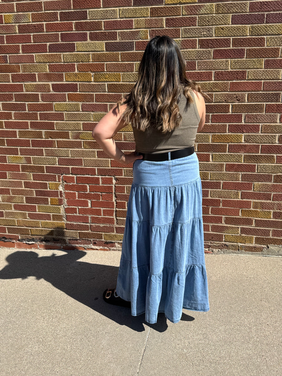 Denim Button Front Ruffle Hem Maxi Skirt