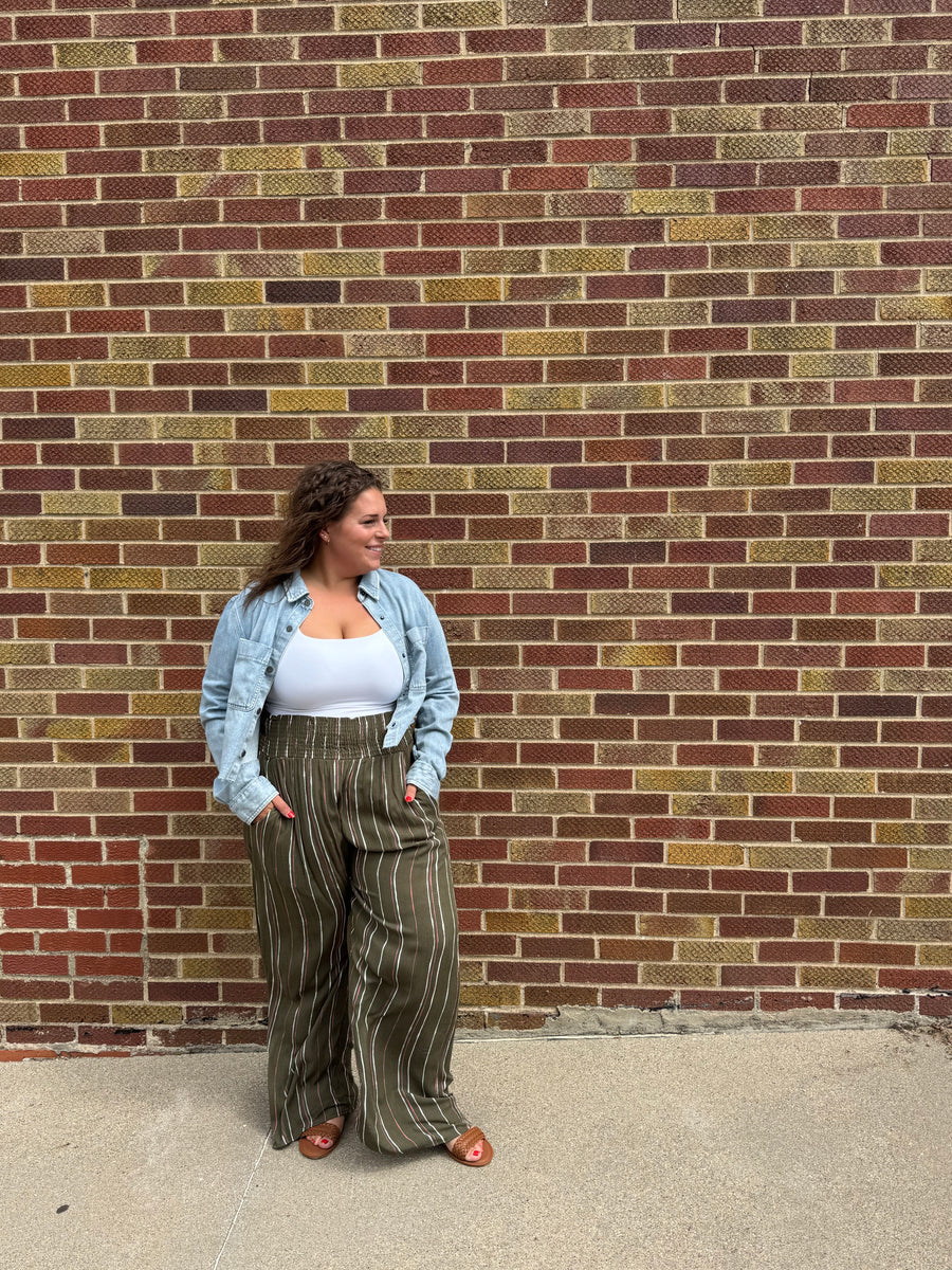 Plus Woven Stripe Elastic Smocking Pants