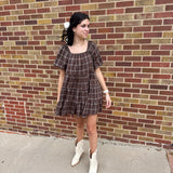 Espresso Plaid Puff Sleeve Mini Dress