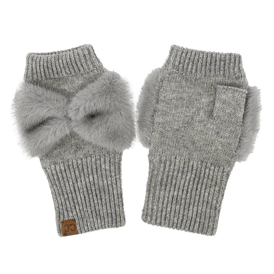 CC Faux Fur Bow Fingerless Gloves