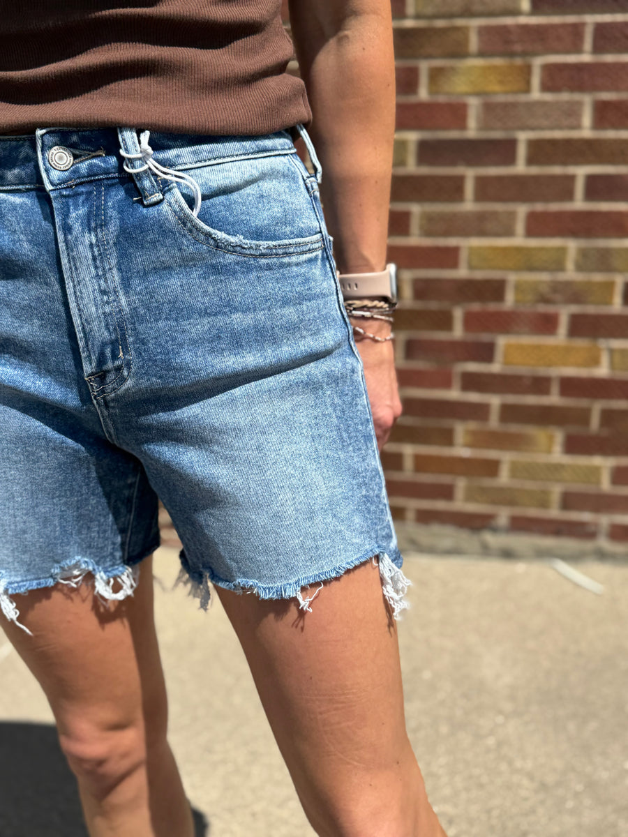 High Rise Raw Hem Boyfriend Vervet Shorts